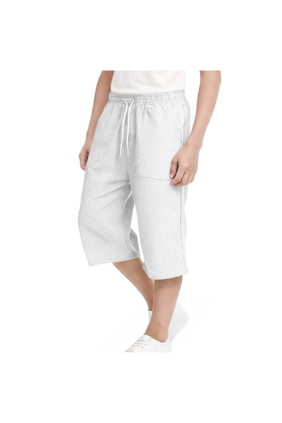 Boys Linen Capri Pants Elastic High Waist 3/4 Capris Lightweight Knee Length Cropped Summer Yoga Beach Pant 4-15 Years White