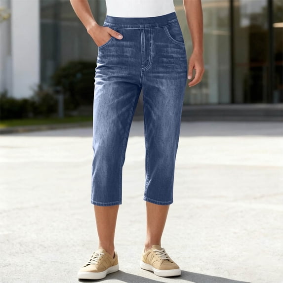Kinrui Capri Faux Jeans for Women Mid Rise Straight Leg Casual Regular Summer Cropped Stretchy Denim Pants Dark Blue S
