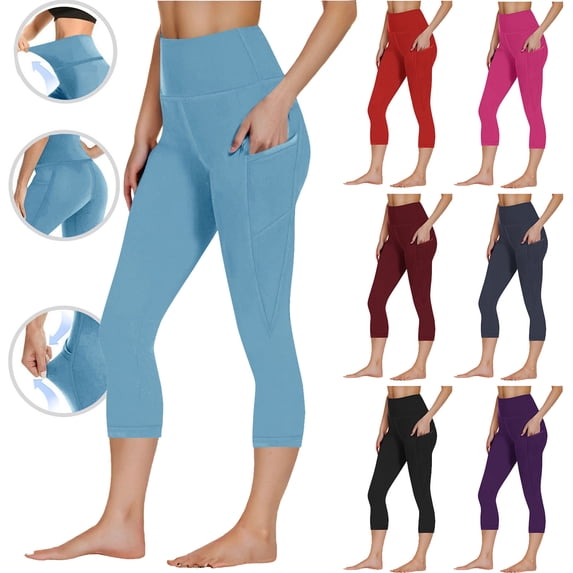 Kinrui Capri Leggings for Women with Pockets, High Waisted Tummy Control Crop Yoga Pants Workout Athletic Running Capri Legging Blue L