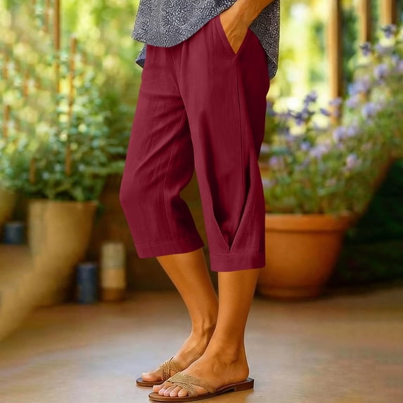 Kinrui Capri Pants for Women Straight Leg Casual Summer Capris Lightweight Elastic Waist Crop Trousers for Beach Vacation Wine M