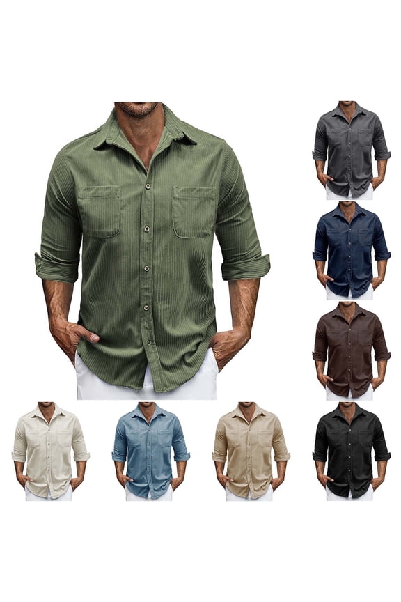 Corduroy Shirt Men Long Sleeve Casual Work Vintage T Shirt Regular Fit Button Down Overshirt with Pockets Dark Blue,S