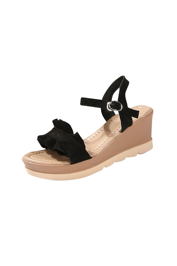 Flat Sandals for Women Women's Fashion Casual Spring And Summer New Style Fish Mouth Ruffle Buckle Comfortable Thick-Soled Sandals