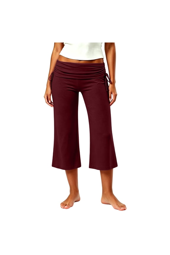 Fold Over Capri Pants for Women Low Rise Wide Leg Yoga Capris Drawstring Flowy Cropped Gaucho Pants Wine M