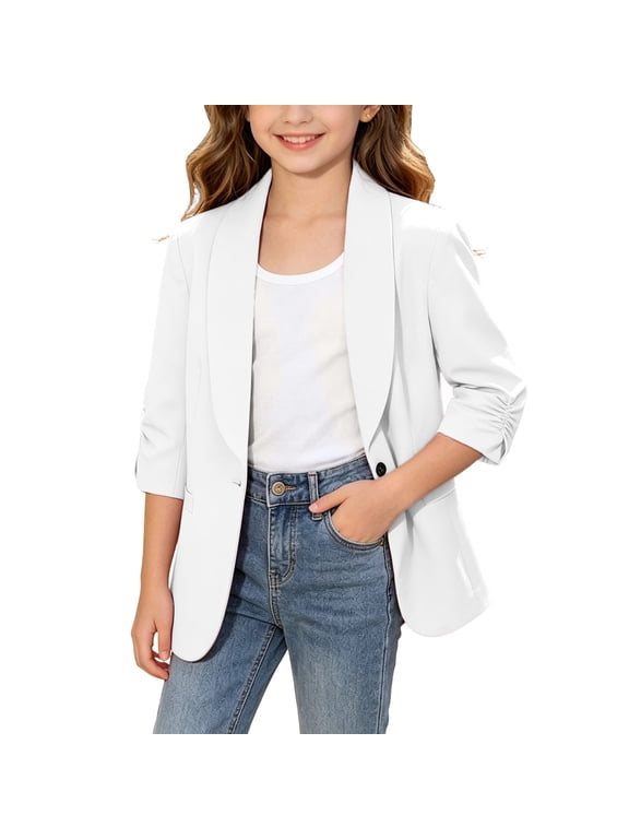 Girls Blazer Jacket Dressy School Uniforms Ruffle 3/4 Sleeve Formal Suits Single Breasted Lapel Suit Coat 4-15 Years