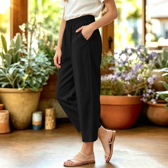 Kinrui Girls Boho Pants Lightweight Summer Cotton Linen Elastic Waist Ankle Trousers Beach Vacation Black 14-15 Years