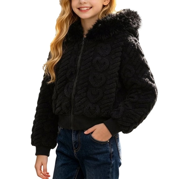 Kinrui Girls Crop Fleece Jacket with Faux Fur Hooded Heart Jacquard Fuzzy Warm Coat Full Zip Fluffy Sherpa Winter Outwear 7-15 Years