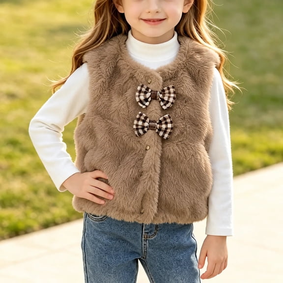 Kinrui Girls Cute Bow Faux Fur Vests Sleeveless Button Fleece Jackets Warm Winter Coats Outwear 18Months-11Years
