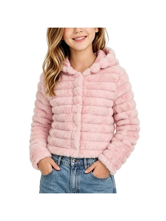 Girls Faux Fur Crop Coat Hooded Fleece Jacket Fuzzy Winter Fall Thermal Shearling Fluffy Overcoat Size 5-13 Years