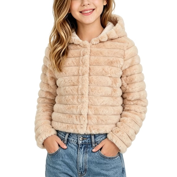 Kinrui Girls Faux Fur Crop Coat Hooded Fleece Jacket Fuzzy Winter Fall Thermal Shearling Fluffy Overcoat Size 5-13 Years