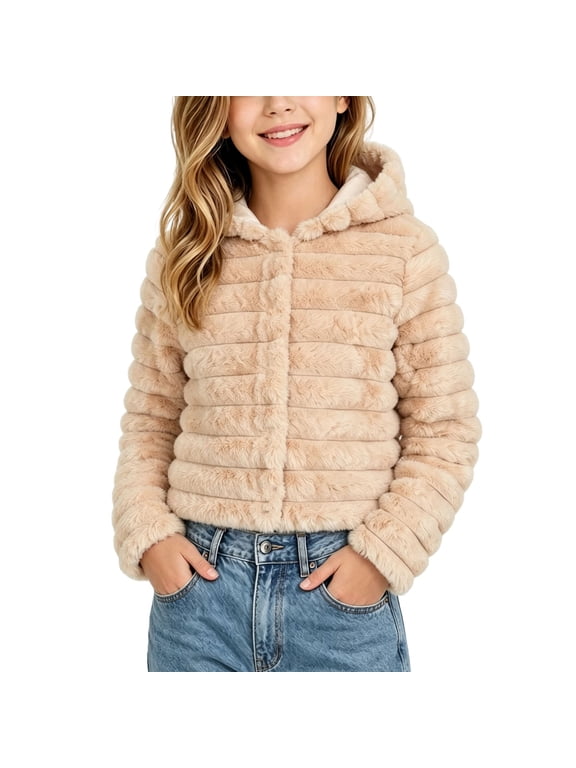 Girls Faux Fur Crop Coat Hooded Fleece Jacket Fuzzy Winter Fall Thermal Shearling Fluffy Overcoat Size 5-13 Years