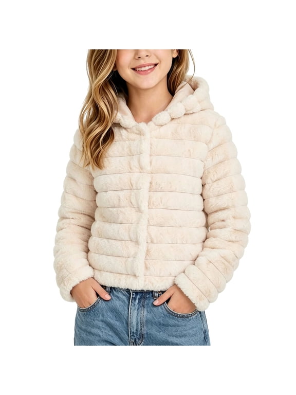 Girls Faux Fur Crop Coat Hooded Fleece Jacket Fuzzy Winter Fall Thermal Shearling Fluffy Overcoat Size 5-13 Years