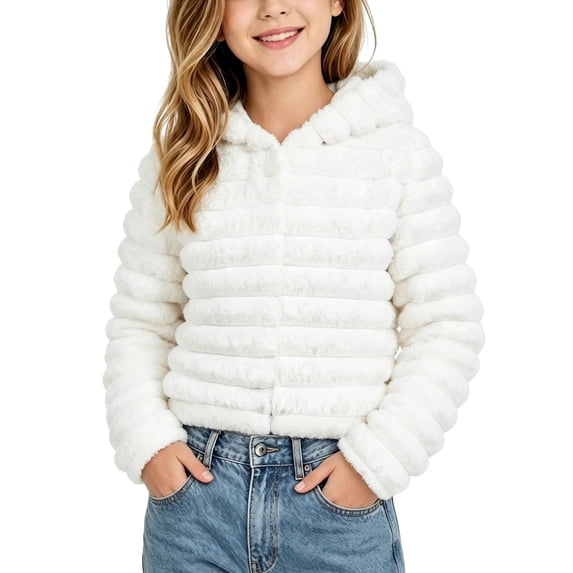 Kinrui Girls Faux Fur Crop Coat Hooded Fleece Jacket Fuzzy Winter Fall Thermal Shearling Fluffy Overcoat Size 5-13 Years