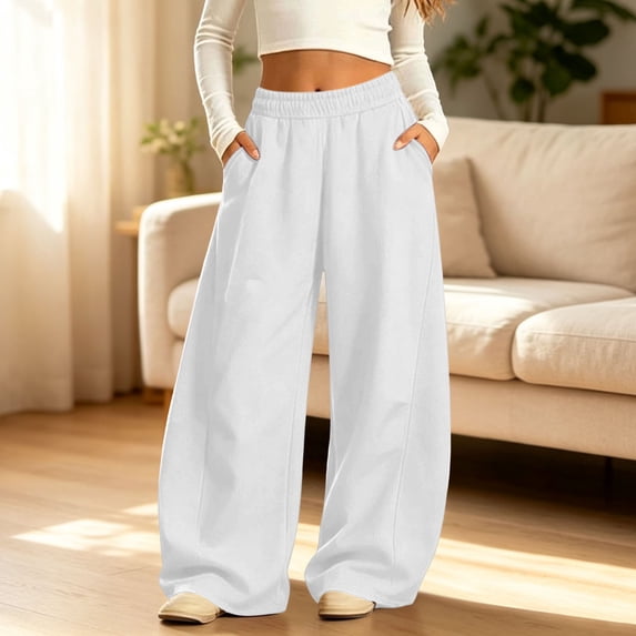 Kinrui Girls Sweatpants Baggy Barrel Pants Wide Leg Drawstring Open Bottom Casual Sweat Pants With Pockets White 10-11Years