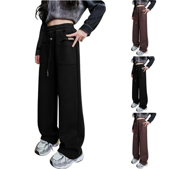 Kinrui Girls Sweatpants Wide Leg Pants Cute Loose Elastic Waist Trouser with Pockets Sizes 6-18 Black 5 Years