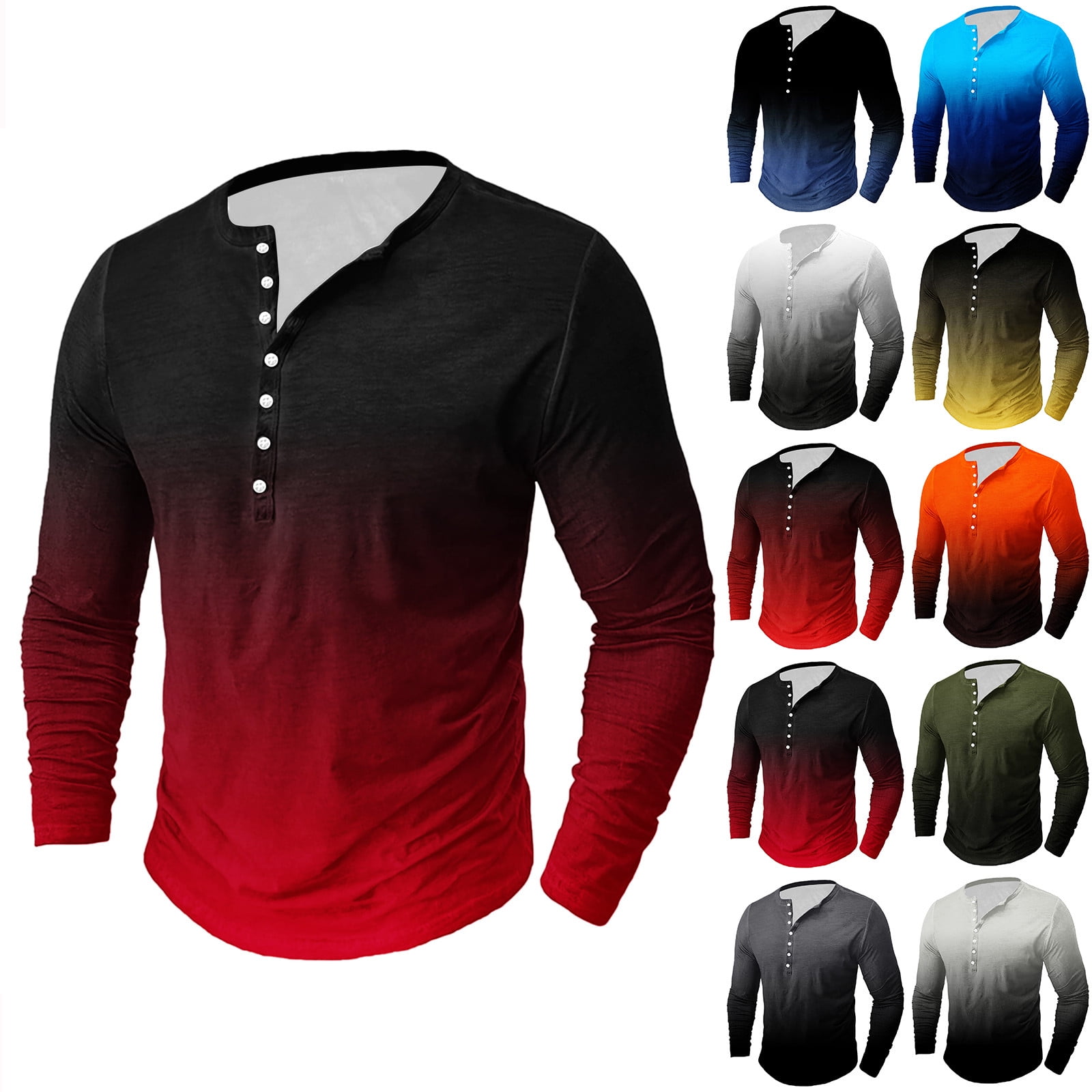 Kinrui Half Button Shirts for Men Henley Long Sleeve Gradient T-Shirts ...