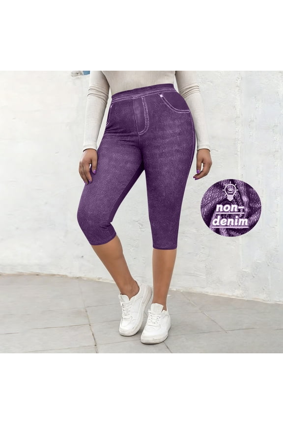 Jeggings for Women Plus Size Capri Faux Jean Pants High Waisted Stretch Crop Leggings Purple M