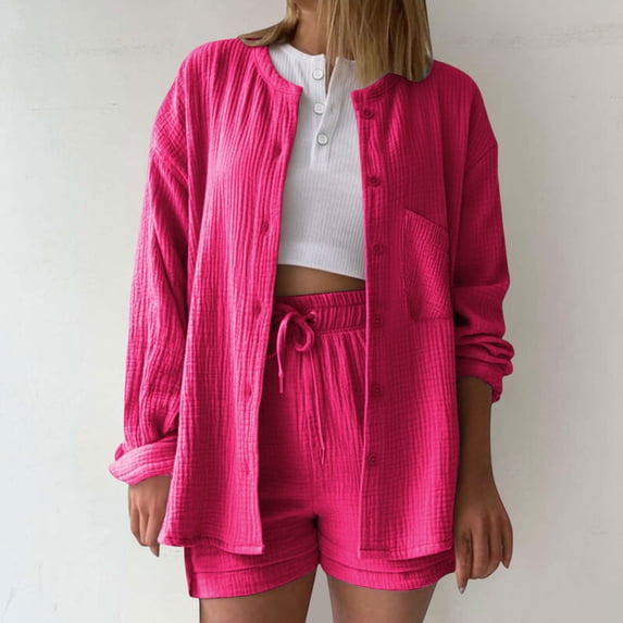 Kinrui Linen Sets for Women 2 Piece Outfits Long Sleeve Button Down Shirts & Drawstring Gauze Shorts Hot Pink M