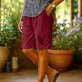 thumbnail image 1 of Kinrui Linen Shorts for Women Elastic Waist Knee-Lenght Bermuda Short Casual Elastic Waist Beach Long Shorts Wine 2XL, 1 of 5