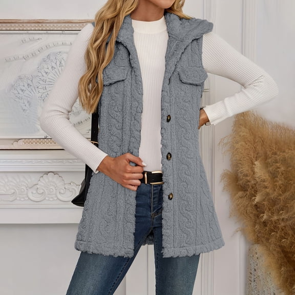 Kinrui Long Fleece Vests for Women Sleeveless Cable Knit Open Front Cardigan Oversized Sherpa Vest Jacket Button Hooded Sweater Coat with Deco Pocket Gray XXL