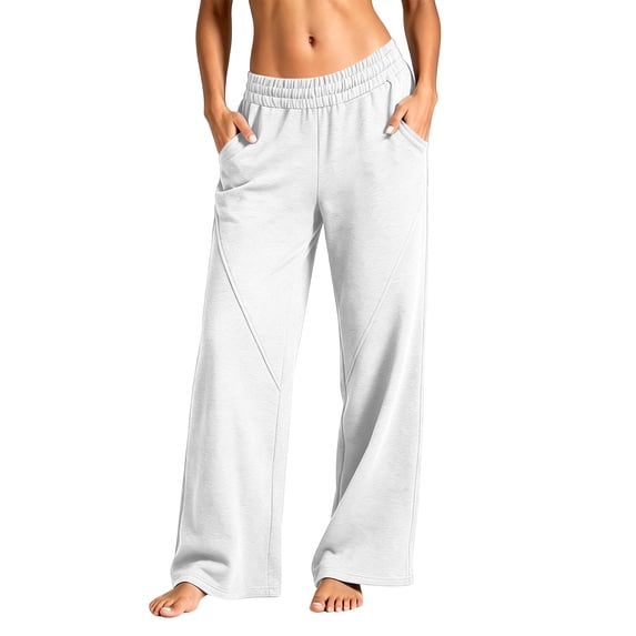 Kinrui Low Rise Sweatpants Women Wide Leg Baggy Sweat Pants Front Seam Pull on Lounge Trousers with Pocket White M