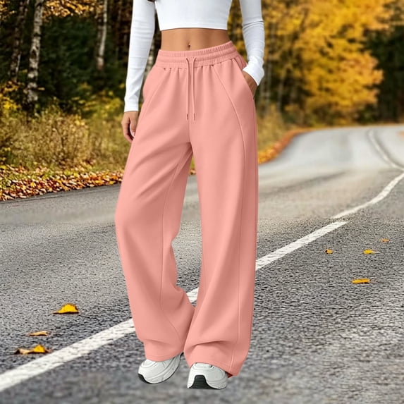 Kinrui Low Rise Sweatpants for Women Wide Leg Baggy Casual Pants Drawstring Elastic Waist Trousers with Pocket Pink M