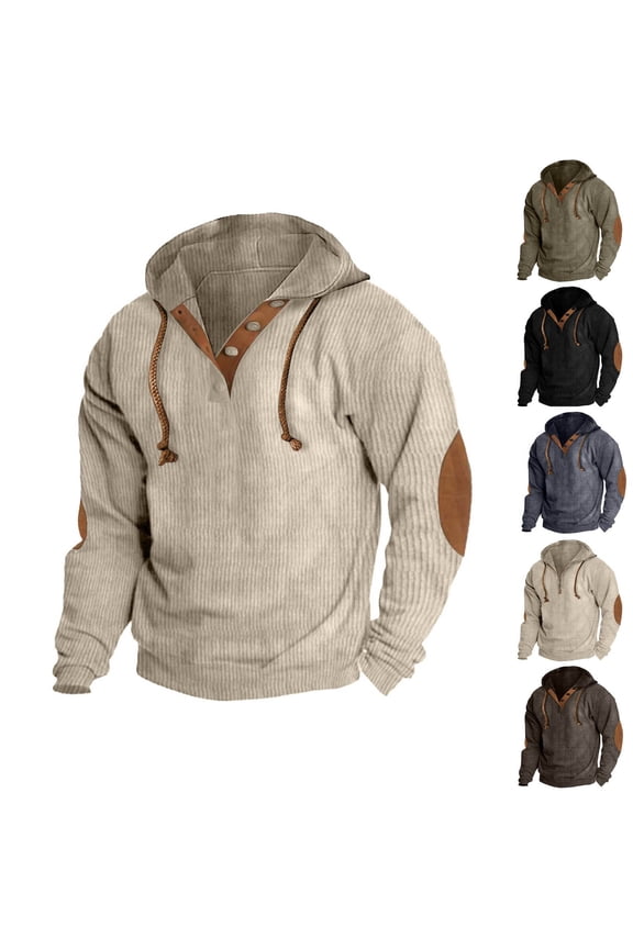 Men's Corduroy Hoodies Pullover Casual Long Sleeve Stand Collar Button Sweatshirts Color Block Sweaters with Elbow Patches Black,M