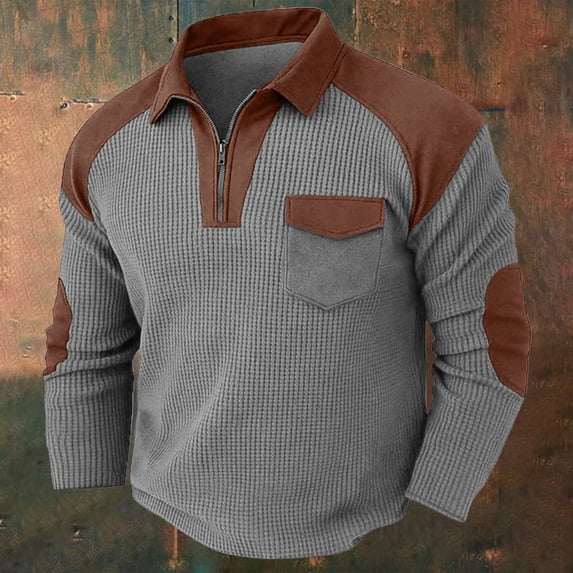 Kinrui Men's Waffle Knit Henley Sweatshirts Casual V Neck Long Sleeve Stand Collar Tops Patchwork Muscle Pullover Sweatshirt with Elbow Patch Brown L