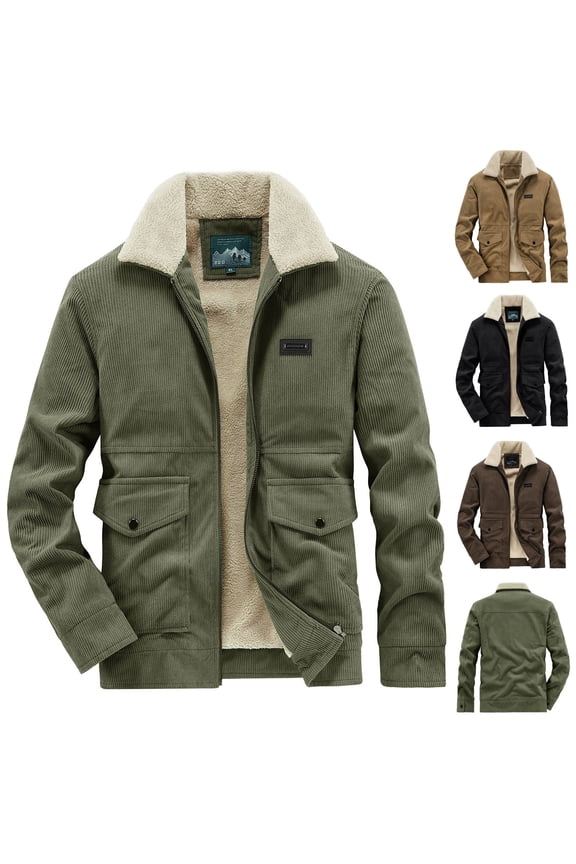 Men's Winter Jacket Big and Tall Corduroy Warm Fleece Lined Coat Trucker Lapel Work Cargo Jackets for Men with Pockets Army Green,L