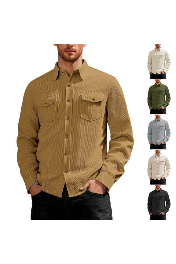 Mens Corduroy Button Down Shirts Long Sleeve Dress Shirt Slim Fit Business Casual Work Shirts with Flap Pockets Gray,M