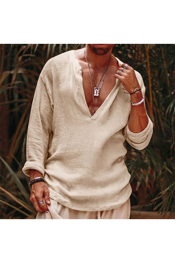 Mens Deep V Neck T Shirt Casual Loose Long Sleeve Linen Hippie Shirts Summer Beach Vacation Weddings Tops Beige 2XL