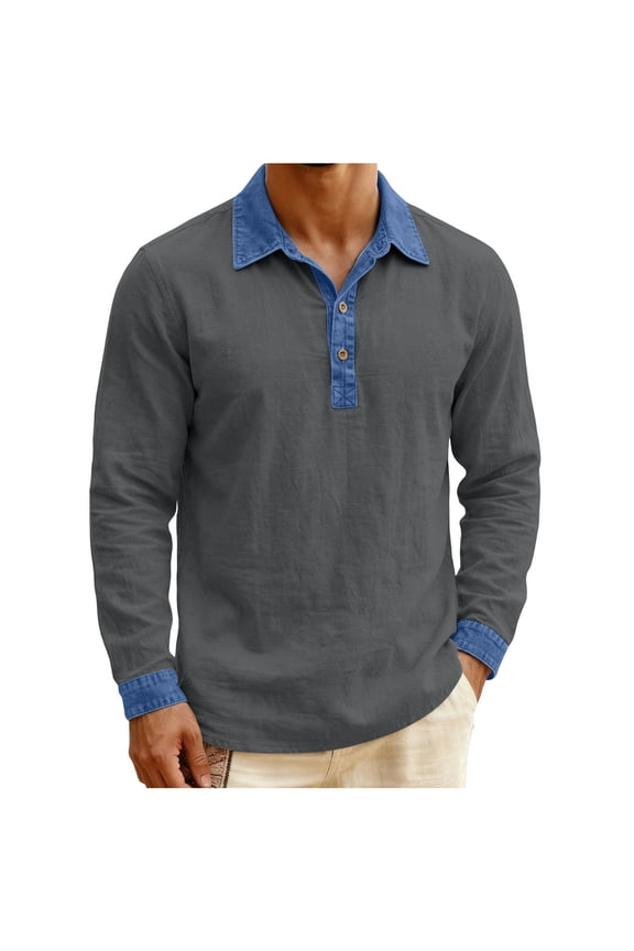 Mens Long Sleeve Linen T-Shirts Pullover Denim Patchwork Collar Gauze Shirts Casual Business Button Up Tops L