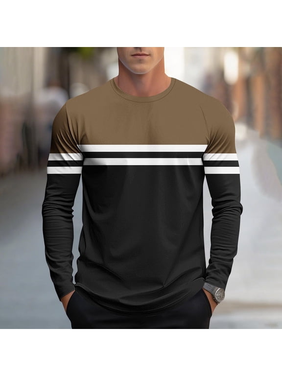 Mens Long Sleeve Tee Shirts Crew Neck Casual Regular Fit Workout Tops Trendy Color Block Stripes Layer Undershirts Blue XL