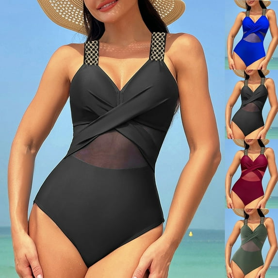 Kinrui One Piece Swimsuit Women Tummy Control High Waisted Bathing Suit Mesh Patchwork 2026 Monokinis Criss Cross Swimwear Blue,L