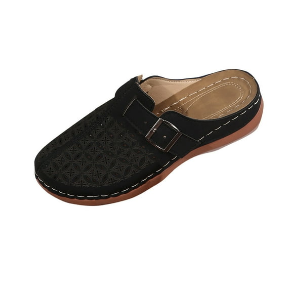 Kinrui Outdoor Sandals for Women Women's Fashion Casual Hollow Solid Color Buckle Strap Decoration Closed Toe Sandals Thick Bottom Half Slippers Wedge Heels