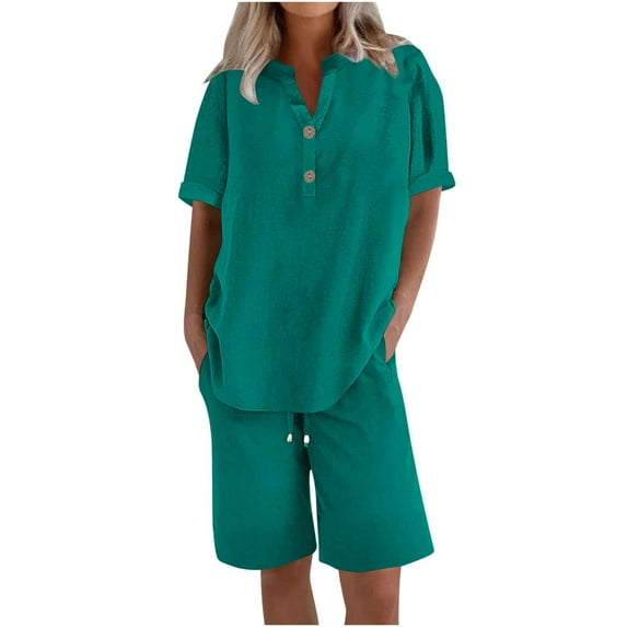 Kinrui PLus Size Linen Short Sets for Women 2 Piece Short Sleeve Shirts Wide Leg Shorts Loose Fit Casual Cotton Linen Sets Summer Outfits Mint Green M