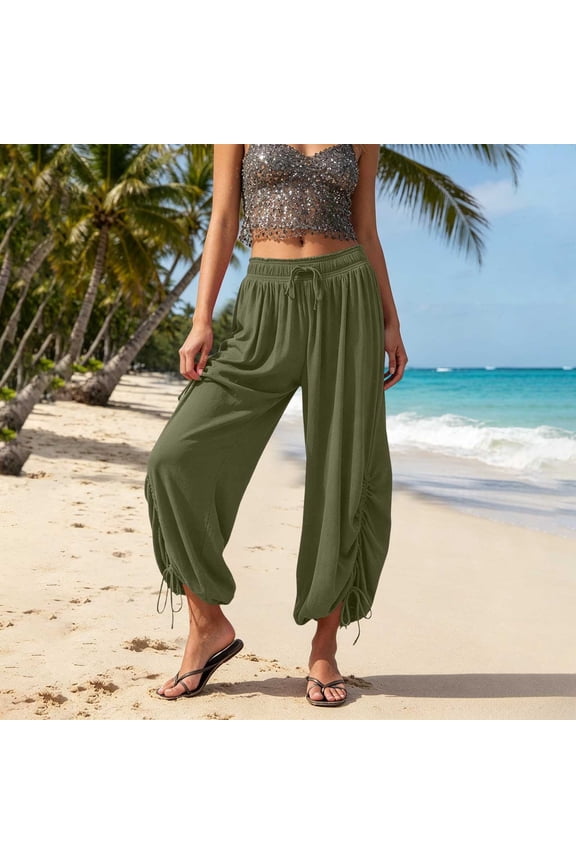 Palazzo Harem Pants Women Boho Low Rise Pleated Wide Leg Cropped Pant Loose Side Slit Lounge Trousers with Pockets Army Green S