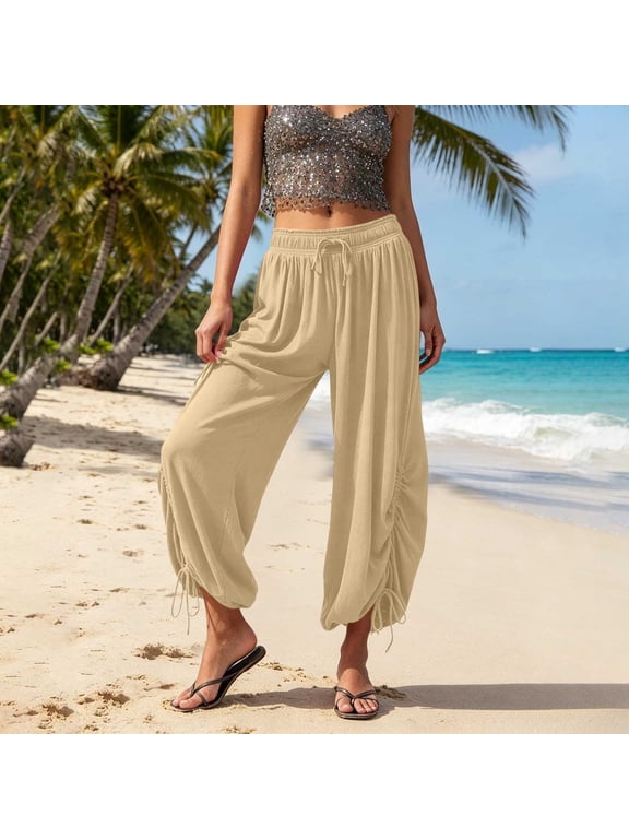Palazzo Harem Pants Women Boho Low Rise Pleated Wide Leg Cropped Pant Loose Side Slit Lounge Trousers with Pockets Beige S