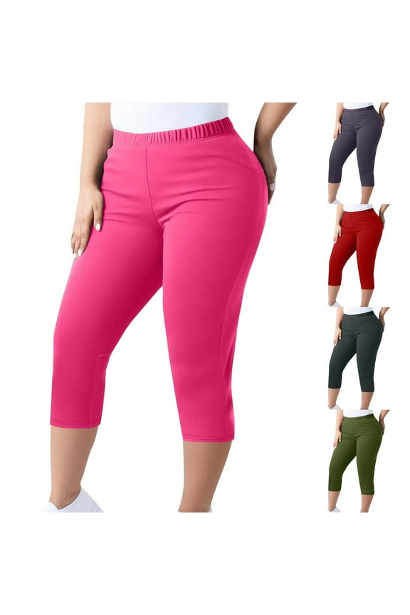 Plus Size Capri Leggings for Women Elastic Waist Tummy Control Crop Yoga Pants Stretch Knee Length Pull On Capris Red 2XL