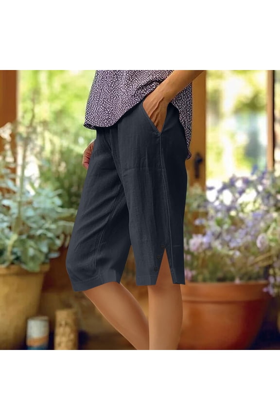 Plus Size Linen Shorts for Women Casual High Waist Knee Length Bermuda Shorts Summer Lightweight Side Split Beach Pants Navy M
