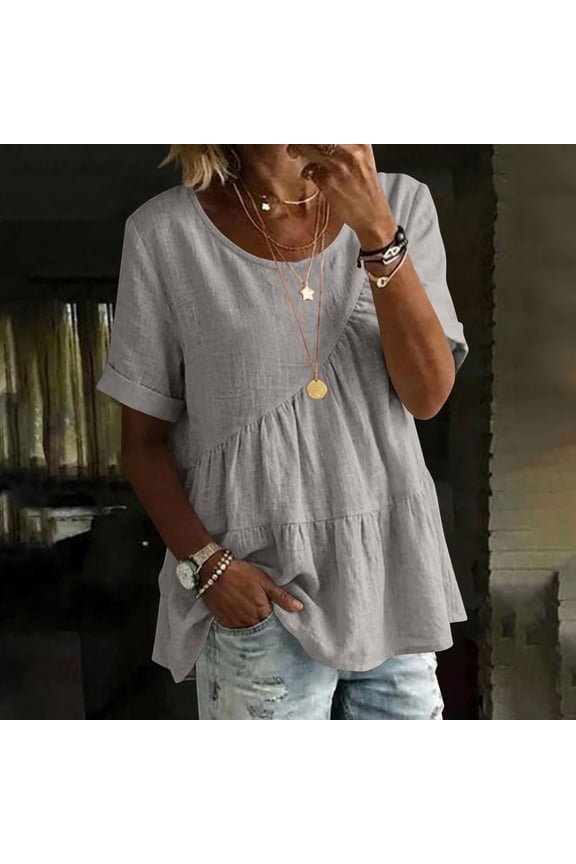 Plus Size Womens Casual Button Down Shirts Roll Up Short Sleeve Collared Tops Ruffled Hem Crop Blouse with Cheat Pocket Coffee S