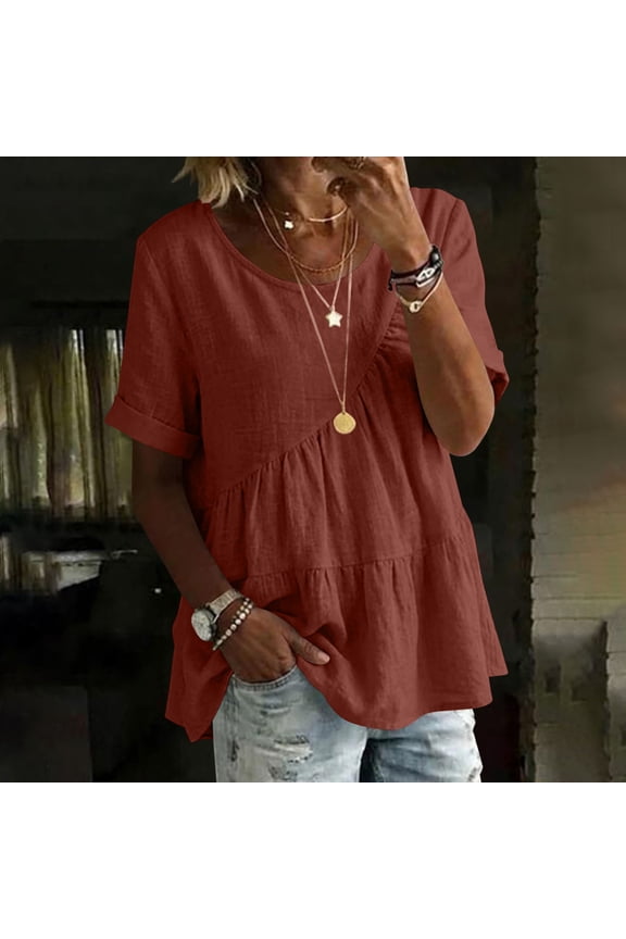 Plus Size Womens Casual Button Down Shirts Roll Up Short Sleeve Collared Tops Ruffled Hem Crop Blouse with Cheat Pocket Pink 2XL