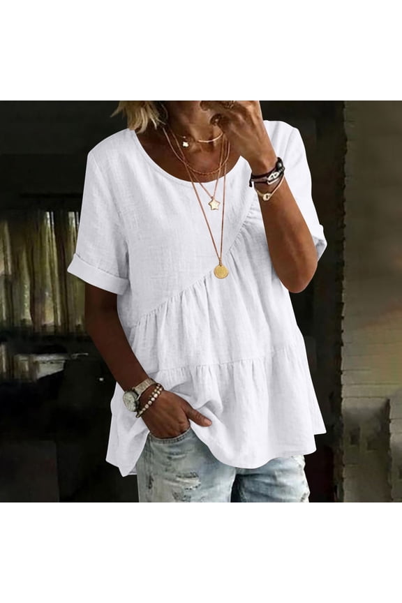 Plus Size Womens Casual Button Down Shirts Roll Up Short Sleeve Collared Tops Ruffled Hem Crop Blouse with Cheat Pocket Pink S