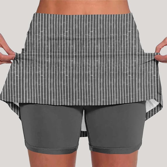 Kinrui Plus Size Womens Striped Skort Tummy Control Tennis Golf Casual Summer Shorts Stretchy High Waisted Skirt with Built-in Shorts Gray M