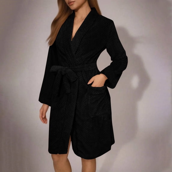 Kinrui Plush Robes for Women Short Soft Spa Robes Fleece Absorbent Towel Bathrobes Warm Terry Knee Length Kimono Bathrobe with Pocket Black S