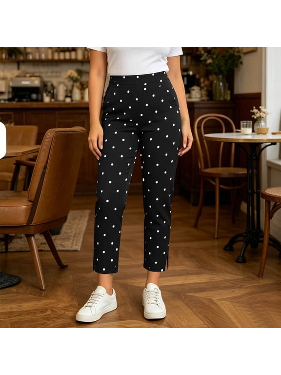 Polka Dots Pants for Women Straight Leg Split Side Cropped Trousers with Pockets Black 2XL