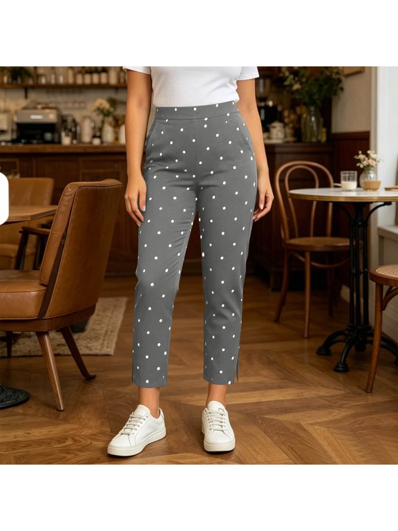 Polka Dots Pants for Women Straight Leg Split Side Cropped Trousers with Pockets Gray 2XL