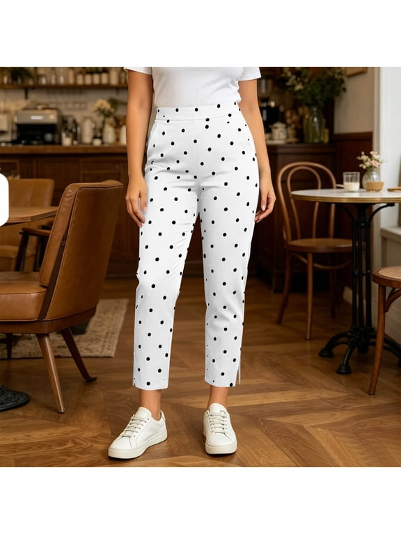 Polka Dots Pants for Women Straight Leg Split Side Cropped Trousers with Pockets White 2XL