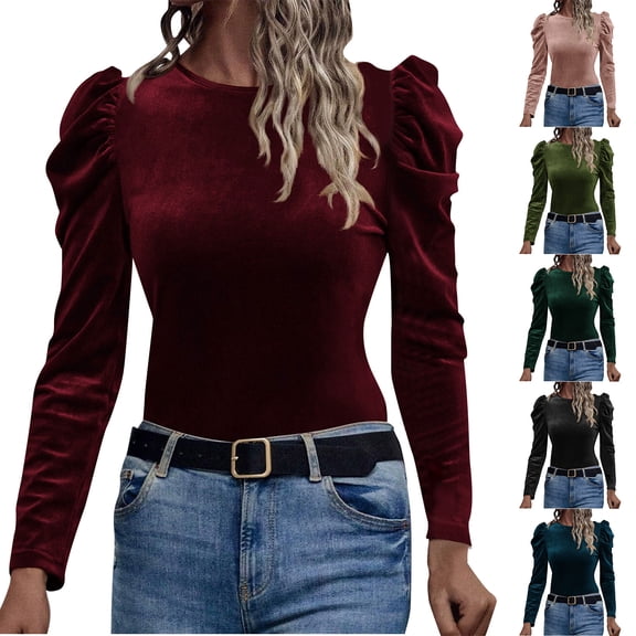 Kinrui Puff Long Sleeve Velvet Shirts for Women Crew Neck Tops Slim Fit Business Blouses Dressy Casual Office Work Tee Shirt Wine,L