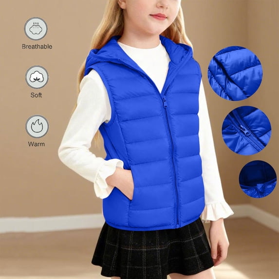 Kinrui Puffer Vest Hooded for Girl 3-14 Years Zip Up Sleeveless Winter Jackets Lightweight Waistcoat with Side Pockets