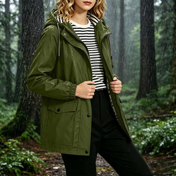 Kinrui Raincoat Women Waterproof Long Hooded Trench Coats Lined Windbreaker Travel Jacket Army Green 2XL